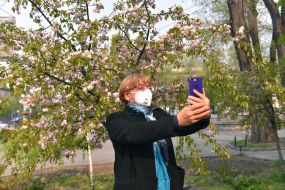 Женщина в медицинской маске делает селфи на фоне цветущей сакуры