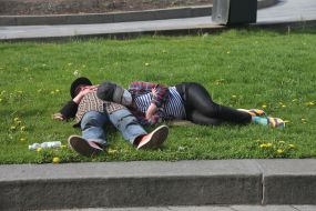 People rest on the lawn