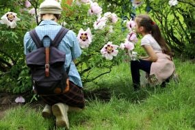Man and girl near a peony bush in the Kyiv Botanical Garden named after Grishko