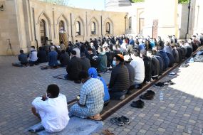 Muslims during a solemn prayer on the occasion of Ramadan Bairam