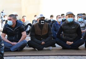 Muslims during a solemn prayer on the occasion of Ramadan Bairam