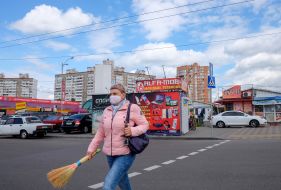 A woman in a protective mask