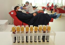 Blood in test tubes at the Kharkiv Plasma Center