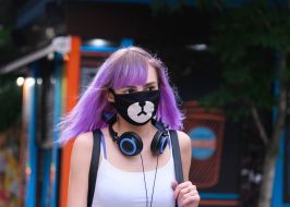 The girl in a protective mask