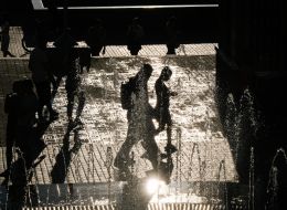 People near the fountains