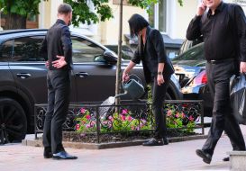 Girl watering flowers
