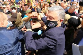 Petro Poroshenko talks to protesters in support of it