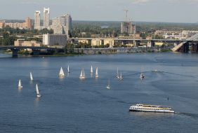 Yachts and boat on the Dnieper river in Kiev