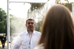 Participant of the All-Ukrainian Congress of the political party "For the Future" go through the disinfection framework
