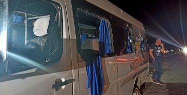 A bus that was fired upon on the Kyiv-Kharkiv highway