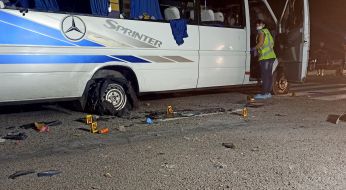 A bus that was fired upon on the Kyiv-Kharkiv highway