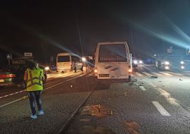 A bus that was fired upon on the Kyiv-Kharkiv highway
