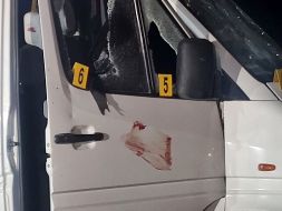 A bus that was fired upon on the Kyiv-Kharkiv highway