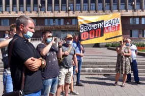 Representatives of small businesses during a protest against government pressure on entrepreneurs in Zaporozhye