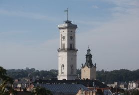 Lviv City Hall Tower and the Cathedral Church in Lviv