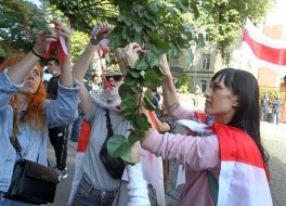 Activists hang white and red ribbons on trees