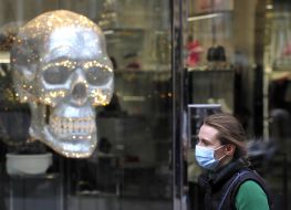 A woman in a medical mask