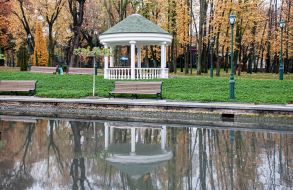 Gazebo by the lake in the park in Kharkov