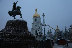 Installation of a Christmas tree on Sophia Square in Kiev