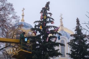 Decoration of Christmas trees near Vladimir Cathedral