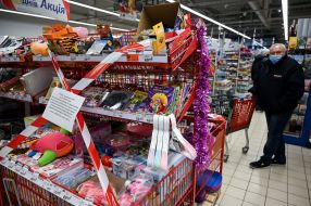 Enclosing tape near non-food products in one of the supermarkets in Kiev