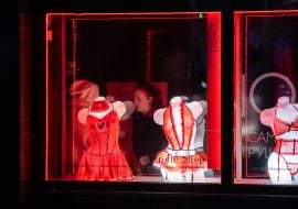 Lingerie behind the window of the boutique for adults No Taboo