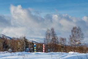 Border signs in the mountains on the Ukrainian-Polish border