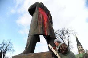Bandera monument covered with red paint