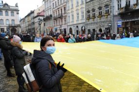 The flag of Ukraine is unfurled in Lviv