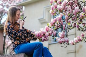 Girl takes pictures on a smartphone flowering magnolia