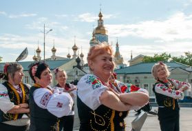 Participants of the march in embroidered shirts