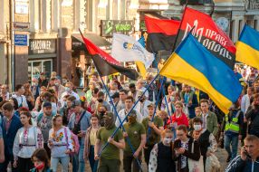 Participants of the march in embroidered shirts