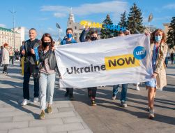 Participants of the march in embroidered shirts