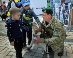 Children pet a service dog