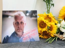 Poster with a portrait of Pavel Sheremet and the inscription "Political case of Pavel Sheremet"