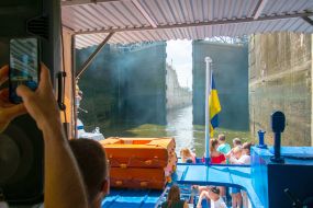 Pleasure boat near the gateway in the Kiev region