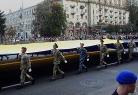 The first rehearsal of the parade in the center of Kiev
