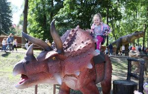 The girl rides a dinosaur