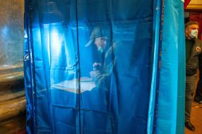 The voter votes at a polling station in Kharkiv