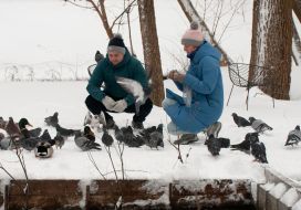 Молоді люди годують птахів