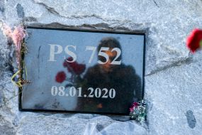 Granite stone with the name of the flight PS 752, in which people died
