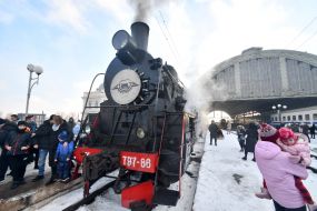 Retro train at the main railway station in Lviv