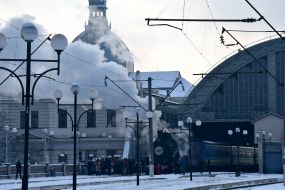 Retro train at the main railway station in Lviv