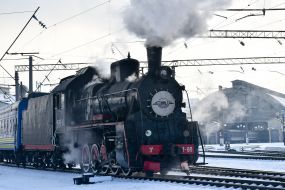 Retro train at the main railway station in Lviv