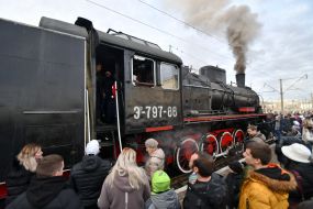 Retro train at the main railway station in Lviv