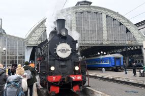 Retro train at the main railway station in Lviv