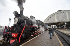 Retro train at the main railway station in Lviv
