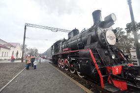 Retro train at the main railway station in Lviv