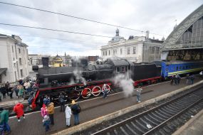 Retro train at the main railway station in Lviv