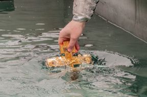 The priest lowers the cross into the water